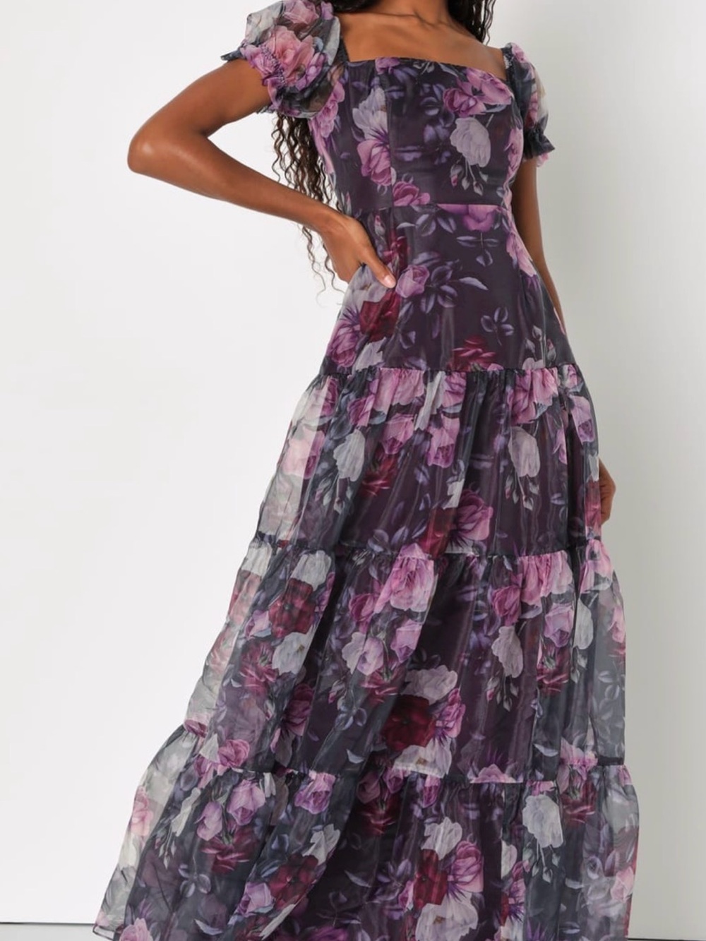 Lulu's Purple Floral Puff-Sleeve Tiered Maxi Dress with Pink Accents-NWOT